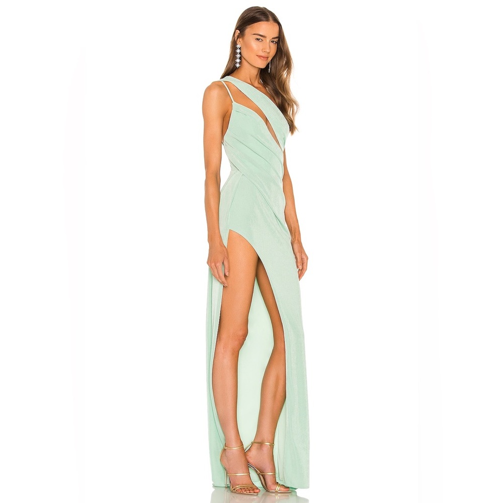 Katie May x REVOLVE A Cut Above Gown One Shoulder High Slit Maxi Green Dress M - Picture 6 of 6